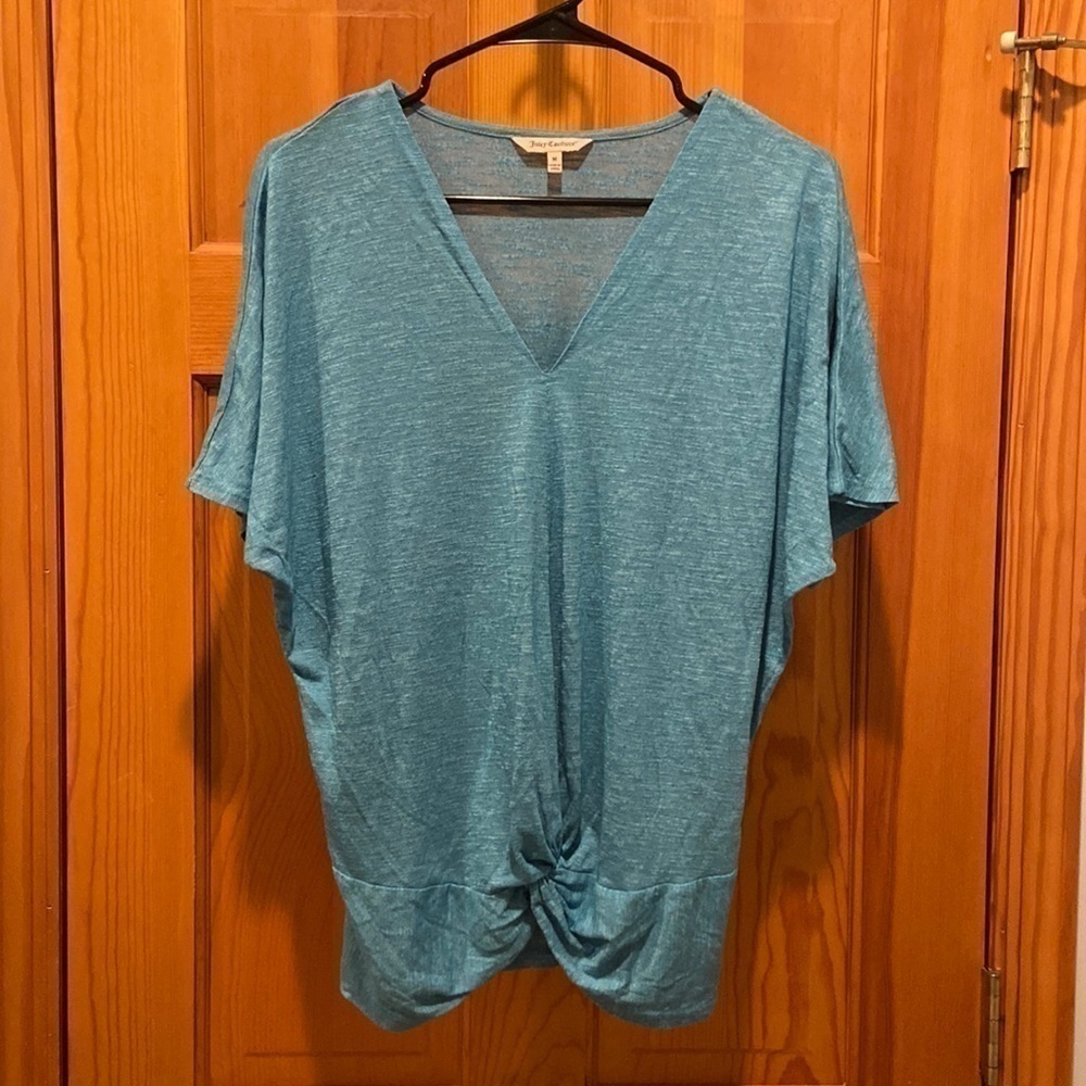 Juicy Couture Heathered Blue V-Neck Twist Waist Short Sleeve Shirt Size Medium - Picture 2 of 4